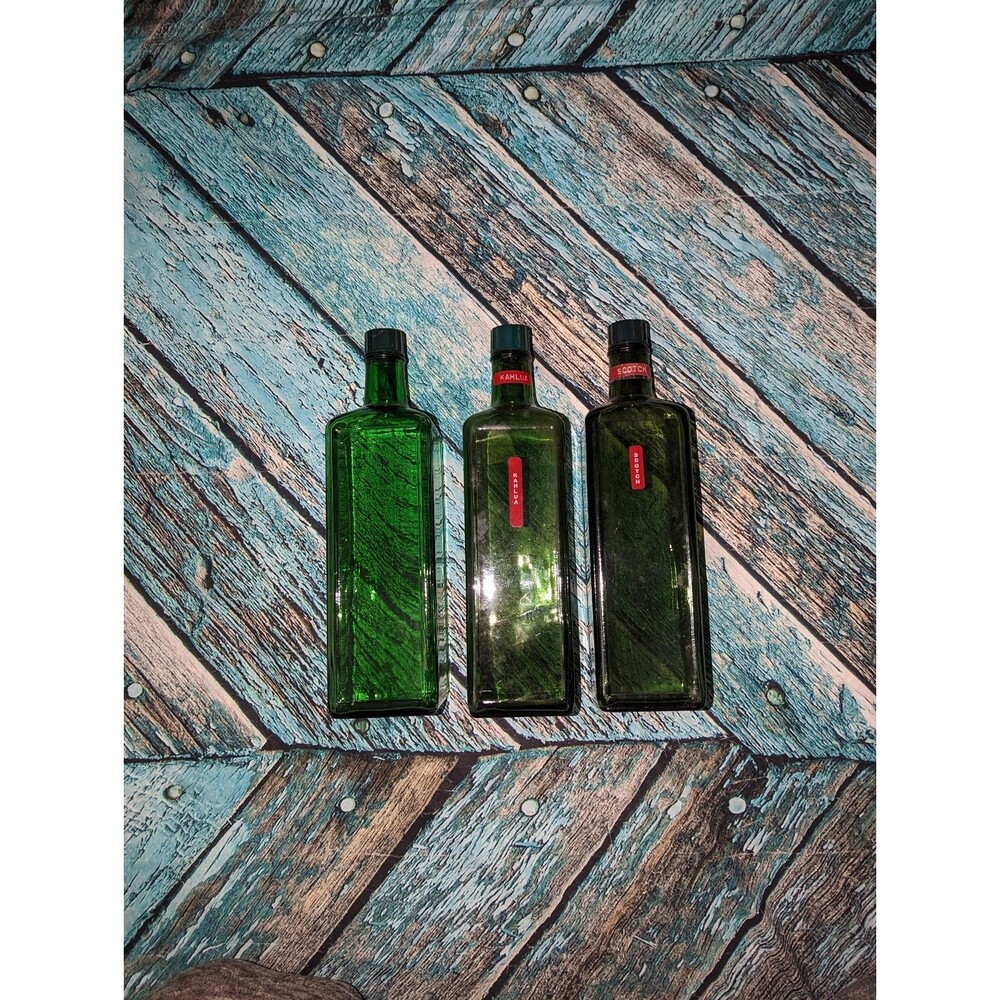 Vintage‎ Green Glass Square Liquor Bottles -set of three